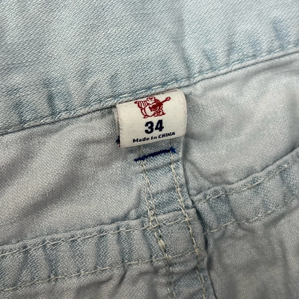 True Religion Light Blue Paint Splatter Acid Wash Straight Leg Jeans 34” x 32”